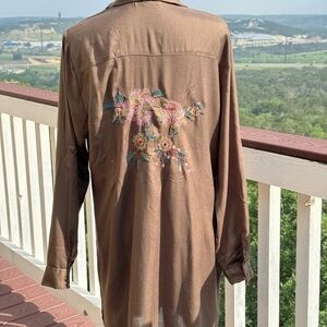 Style House Brown Long Embroidery Shirt Dress size Large‎
